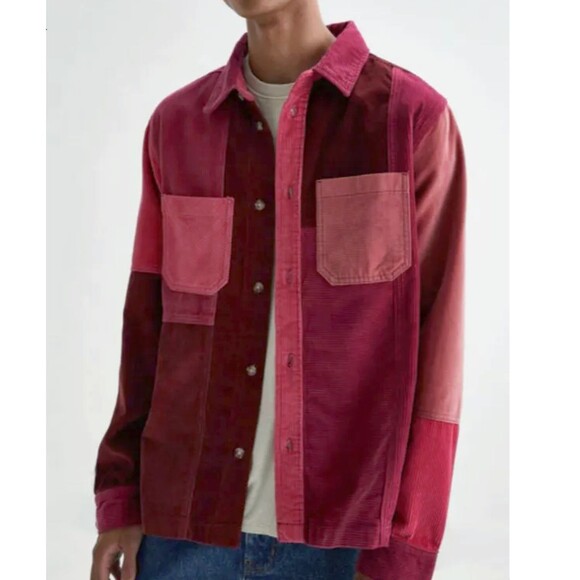 Urban Outfitters Corduroy Shacket Mens M Red Color Block Button Shirt Gorpcore - Picture 2 of 13